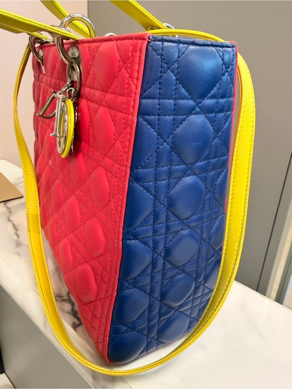 Christian Dior Large Tricolor Lambskin Cannage Lady - Pink/Cobalt/Neon - Picture 3 of 8